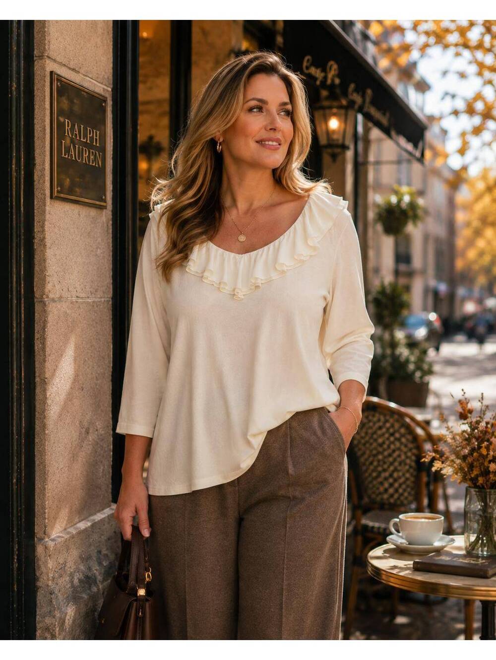 Lauren Ralph Lauren Women 2X Ivory Ruffle Neck Cotton Long Sleeve Top Plus Size